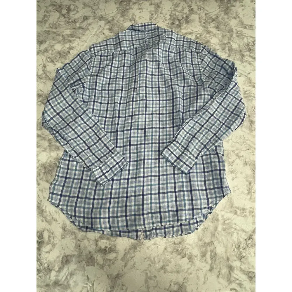 Preppy Linen Banana Republic Camden Standard Fit Button Down Shirt L Blue Plaid